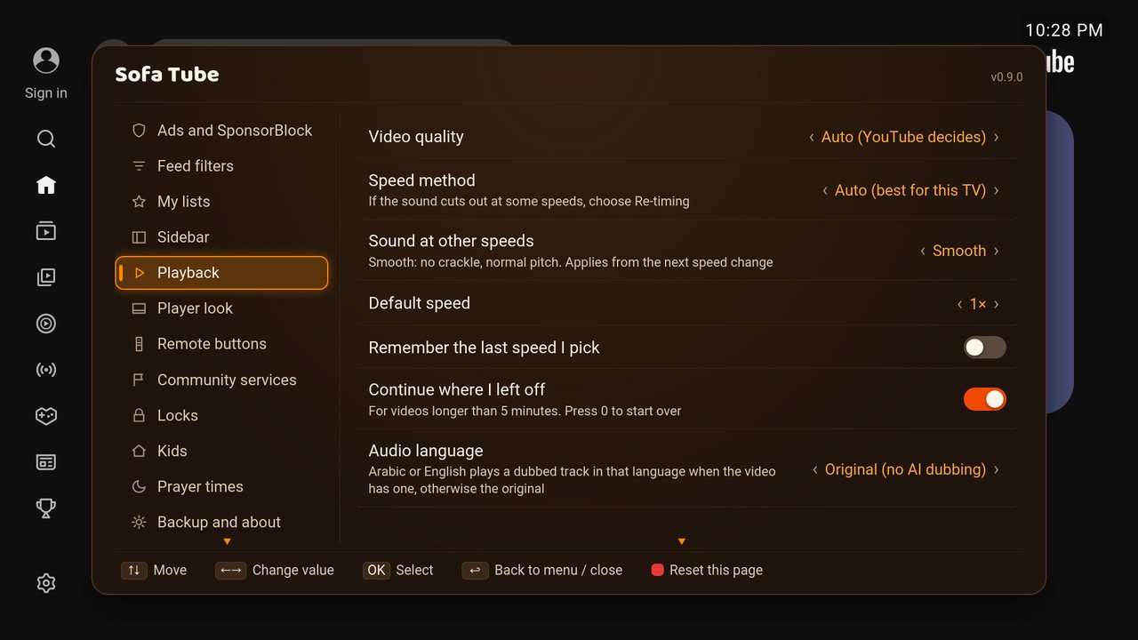 Settings, Playback page